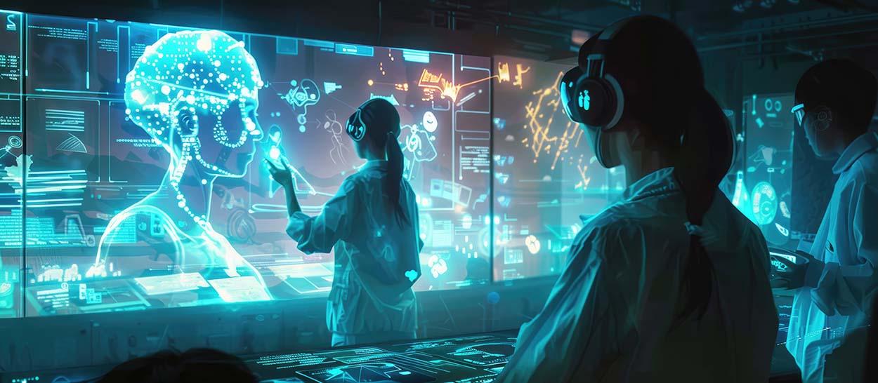 Two females dressed in lab coats, wearing VR classes, look at a large screen.